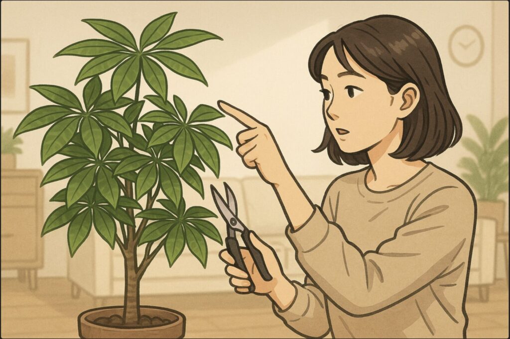 日本人女性が室内で高さの異なる枝を持つパキラを眺めながら、剪定バサミでバランスを整える位置を指で示している。背景には整ったインテリア、枝が密集して茂った状態。光が当たる方向を意識した構図。