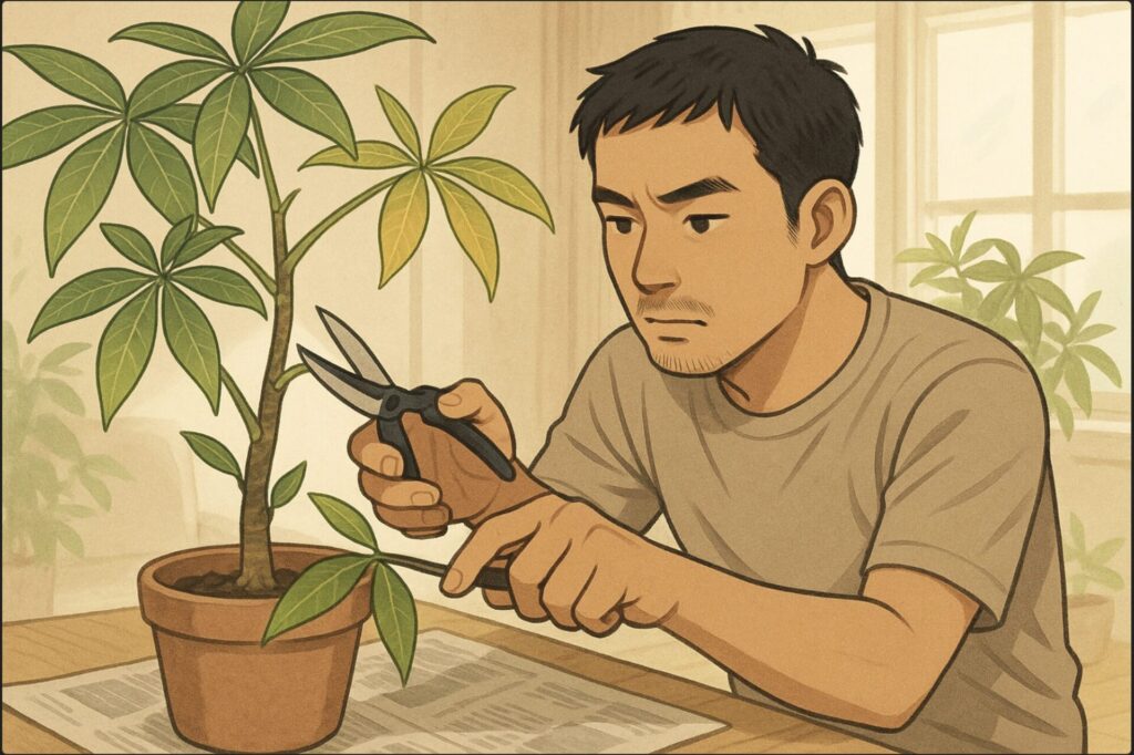 日本人男性がパキラの伸びた枝をハサミで切り戻す瞬間を捉えた構図。新芽が出そうな節の少し上で慎重にカットしている。背景に新聞紙を敷いた床と明るい室内。集中した表情。