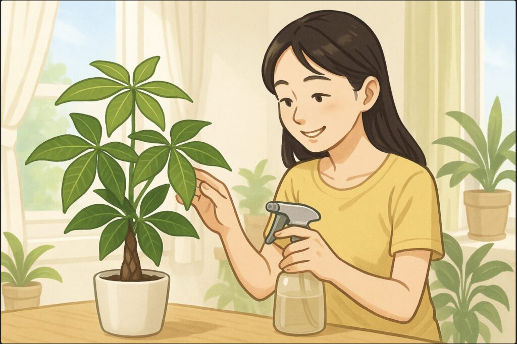 日本人女性が明るい部屋で健康的なパキラの葉を優しく触りながら霧吹きをかけている。背景に風通しの良い窓と他の観葉植物。明るく清潔な印象。