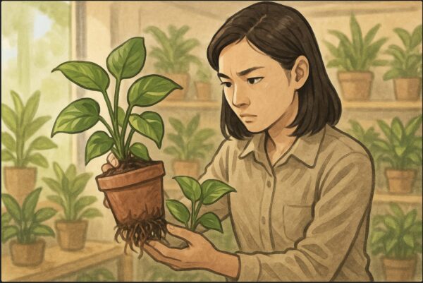 園芸店の屋内で、日本人女性が鉢を持ち上げ、ポトスの根の状態を確認している。葉の色とつやを見比べ、真剣な表情。背景には他の観葉植物が並び、自然光の入る明るい店内。