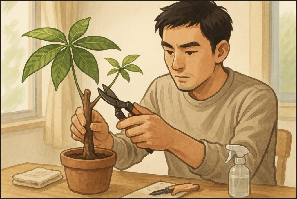日本人男性が剪定バサミを手に、弱ったパキラの枝を慎重に切っている。枝の先に新芽が少し残り、集中した表情。机の上に清潔な布とアルコールスプレーが置かれている。自然光の差す室内。
