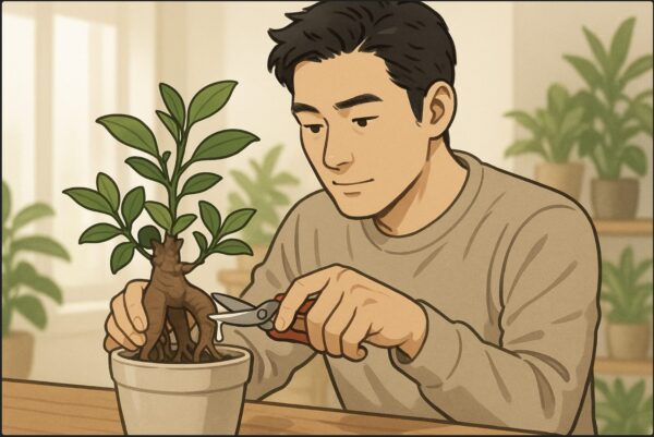 日本人男性がガジュマルの枝を剪定バサミで慎重にカットしている。切り口から出た白い樹液に注意を払いながら作業しており、背景は明るい室内の観葉植物コーナー。