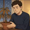 冬の室内で、日本人男性が窓の外の雪を背景に、枯れかけたパキラを両手で包み込むように見つめている。暖かい照明、やや憂いのある表情。