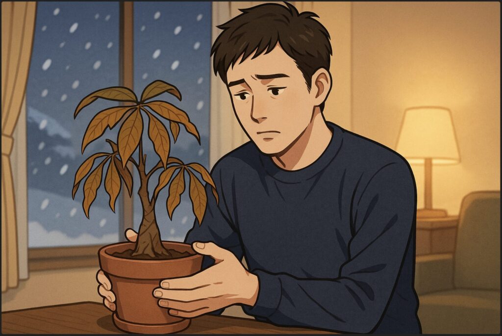 冬の室内で、日本人男性が窓の外の雪を背景に、枯れかけたパキラを両手で包み込むように見つめている。暖かい照明、やや憂いのある表情。