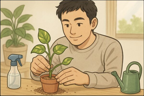 日本人男性が机の上で剪定したポトスの枝を小さな鉢に挿している。赤玉土を使った清潔な作業台、霧吹きとジョウロが横に置かれている。穏やかで前向きな表情。