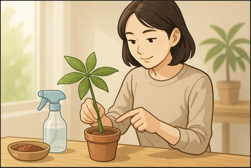 日本人女性が挿し木用の小鉢にパキラの穂木を優しく挿している。テーブル上に霧吹きと赤玉土、柔らかい自然光が差し込む明るい室内。集中した穏やかな表情。