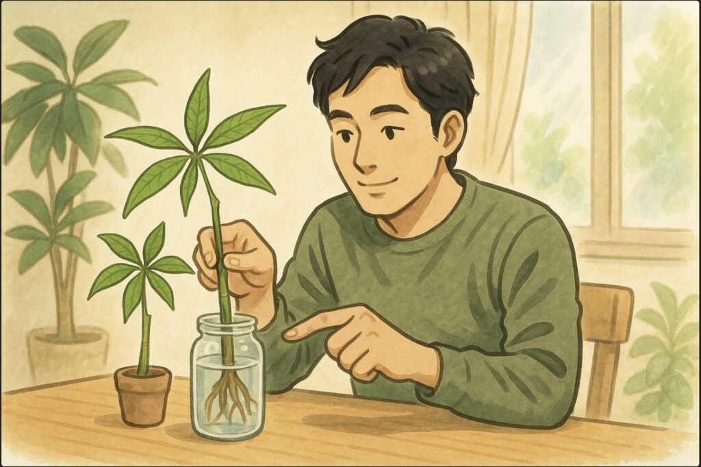 日本人男性がテーブルの上で切り落としたパキラの枝を水の入ったガラス瓶に挿している。背景に観葉植物と窓からの自然光。穏やかな春の日差しの雰囲気。