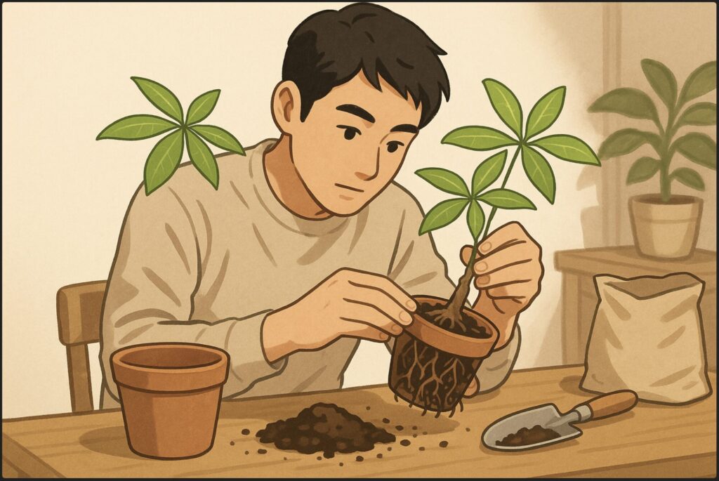 日本人男性がテーブルの上で100均パキラの鉢を慎重に植え替えている。片手で鉢を支え、もう片方の手で根を優しく扱う様子。周囲に新しい鉢、土、スコップなどの道具が整然と並んでいる。