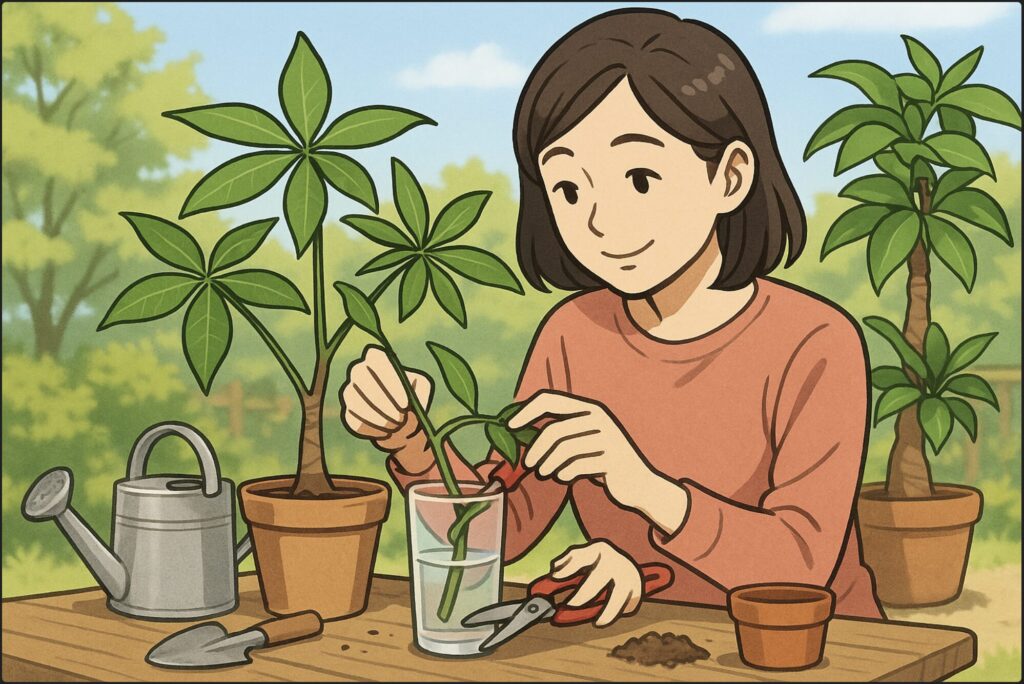 春の庭で、日本人女性がハサミでパキラの枝を切り、水の入ったグラスに挿している。優しい表情、周囲に園芸道具と小さな鉢。
