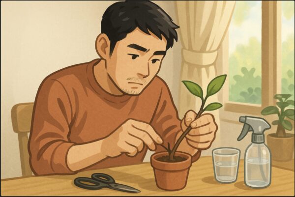 日本人男性が小さなポットにガジュマルの枝を挿し木している。テーブルの上にはハサミと霧吹き、水の入ったコップもあり、挿し穂を丁寧に扱う姿。窓辺の明るい光。