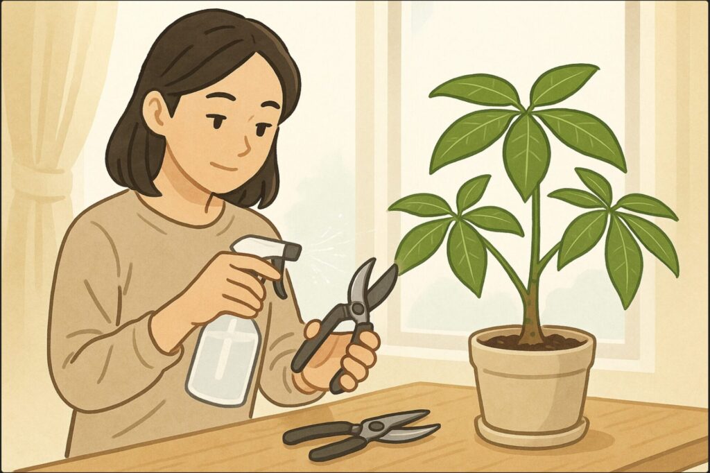 日本人女性がアルコールスプレーで剪定バサミを消毒している。横には健康そうなパキラの鉢があり、明るい窓際で準備を整えている様子。清潔で実践的な雰囲気。