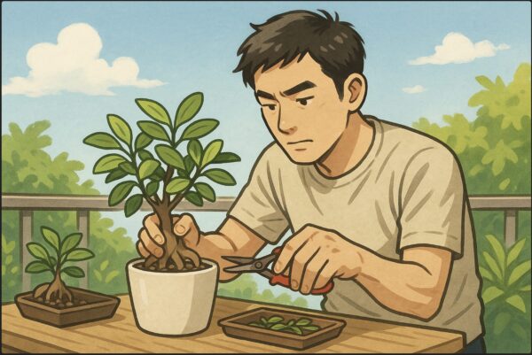 日本人男性がベランダでガジュマルの枝を園芸ハサミで丁寧に剪定している。剪定した枝が小さなトレイに並び、集中した表情。背景に初夏の青空とグリーンの植物。