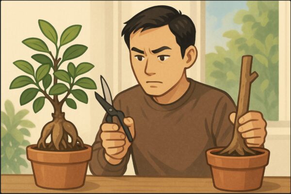 日本人男性が、通常の剪定をする鉢植えのガジュマルと、胴切りを行う幹を比較して見比べている。左側には枝を整える作業、右側には幹をカットする準備。真剣な表情で違いを確認している。