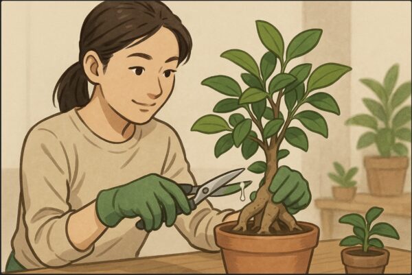 日本人女性がガジュマルの枝をハサミで丁寧に剪定している。白い樹液が少し出ており、園芸用手袋を着用。背景には作業台と鉢植え。