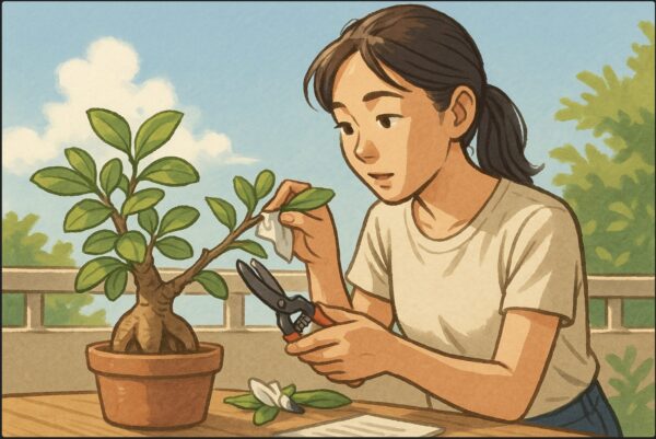 日本人女性がベランダで、剪定ばさみを使いながらガジュマルの枝を切り、ティッシュで樹液を軽く押さえている。明るい初夏の陽射し、背景に青空と緑の植物。