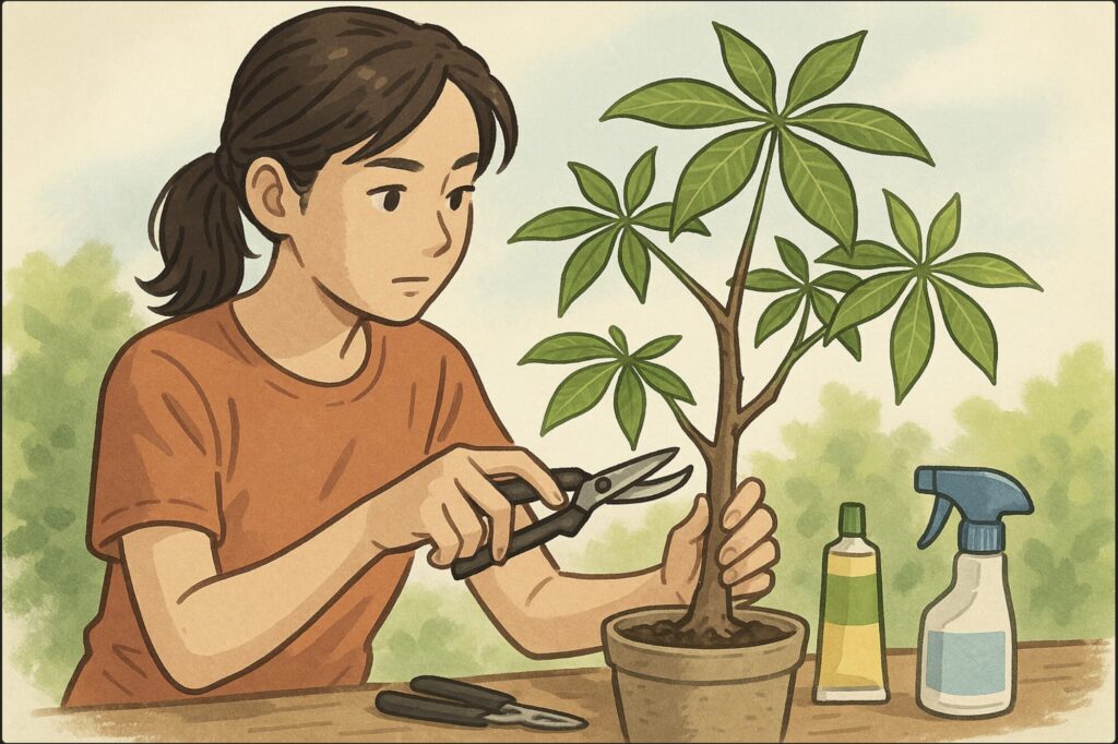 日本人女性が屋外の明るい場所で、清潔なハサミを使い、パキラの成長点の少し上をカットしている。近くに癒合剤のチューブやアルコールスプレー。集中した表情。