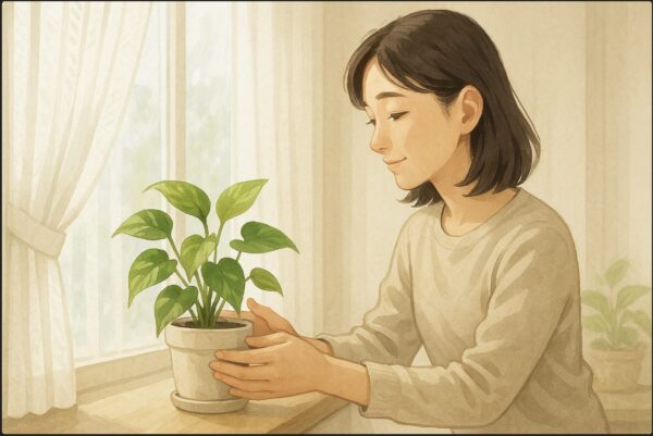 日本人女性が剪定を終えたポトスの鉢を、レースカーテン越しの窓辺にそっと置いている。柔らかな自然光が差し込み、清潔で風通しの良い室内。穏やかな雰囲気と回復への安心感。