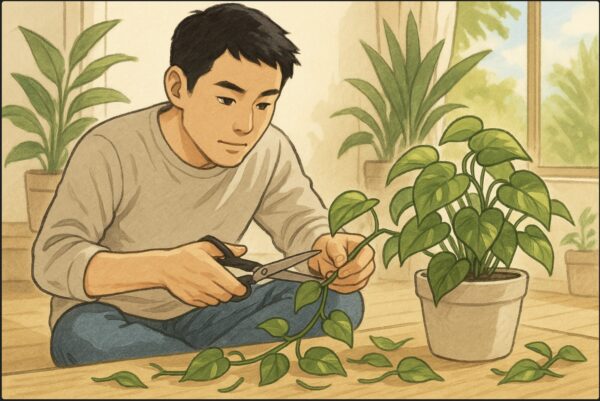 日本人男性がハサミでポトスの長いつるを切り戻している動作の瞬間。床に広がる健康な緑の葉、明るい室内の観葉植物コーナー。集中した表情で丁寧にカットしている。