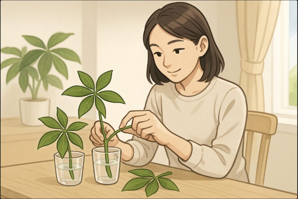 日本人女性がテーブルの上で剪定したパキラの枝をコップの水に挿している。透明な水に浸かる切り口、他の枝も並んでいる。明るい日陰の窓辺、清潔で爽やかな雰囲気。