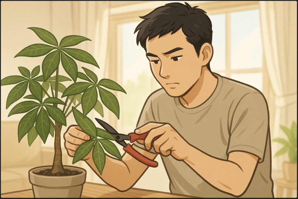 日本人男性が剪定バサミを使ってパキラの枝を整えている。枝葉が茂った鉢植えを前に集中した表情で作業中。背景は自然光の差す明るいリビング。