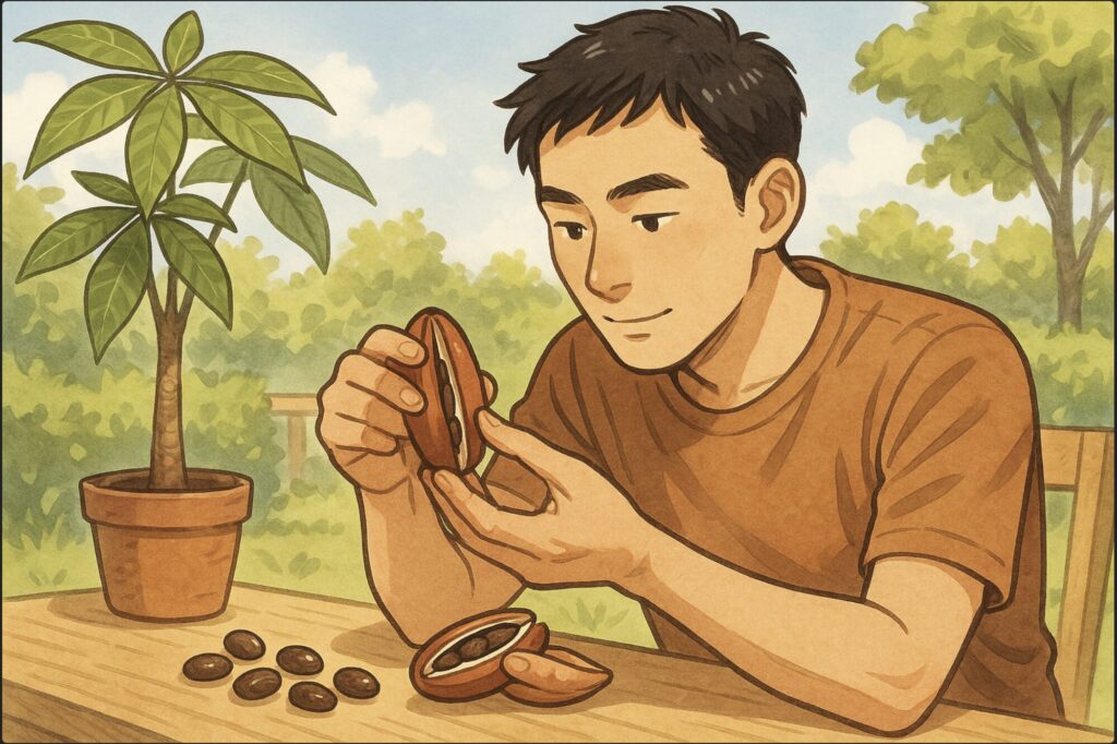 日本人男性が庭で成熟したパキラの実を手に持ち、慎重に割って中から種を取り出している。テーブルの上には採取した種が並ぶ。晴れた屋外、温かい光。