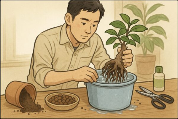 日本人男性が屋内の作業台で、鉢から取り出したガジュマルの根を水の入ったバケツで丁寧に洗っている。テーブルにはハイドロボール、根腐れ防止剤、清潔なハサミなどの道具が並ぶ。