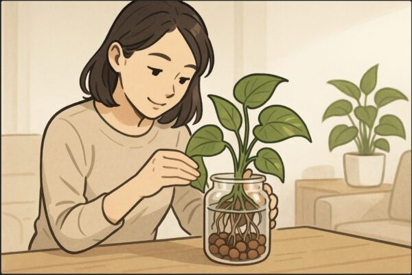 日本人女性が透明なガラス容器にハイドロボールを入れ、水耕栽培のポトスをセットしている。根が見えるように描写し、背景は清潔なリビング。