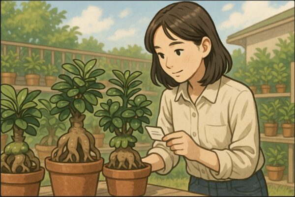 日本人女性が園芸店の屋外スペースで、複数のガジュマルの鉢（ニンジンガジュマル、パンダガジュマルなど）を見比べながら、ラベルを確認して選んでいる。明るい日差し、緑の葉が豊か。