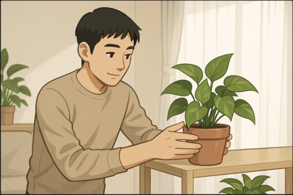 日本人男性がリビングでポトスの鉢を棚に置き、周囲の明るさを確認している。レースカーテン越しの柔らかな光、清潔な室内。ポトスの葉が生き生きとして見える。