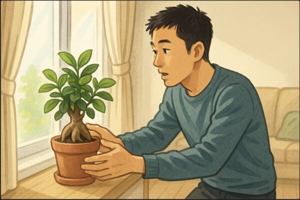 日本人男性がリビングの窓辺にガジュマルを置き、光の当たり具合を確認している。背景にはカーテン越しの光とソファ、穏やかな家庭的な雰囲気。