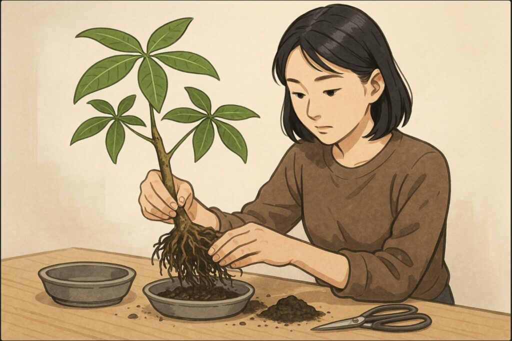 日本人女性がパキラの根をほぐしながら植え替え作業をしている。手元には浅い盆栽鉢、剪定ばさみ、土。慎重な表情で根を整える動作が強調されている。