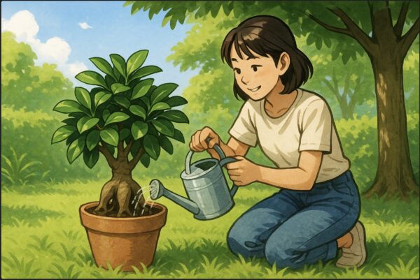 日本人女性が夏の明るい庭でガジュマルにジョウロで水を与えている。強い日差しを避けるように木陰に鉢を置いている。葉が濃い緑で生き生きしている様子。