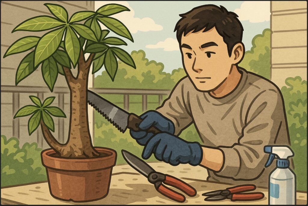 屋外またはベランダで、日本人男性が太く成長したパキラの幹に剪定ノコギリをあて、慎重に切ろうとしている。周囲に作業道具や消毒スプレー。安全に集中する姿勢。