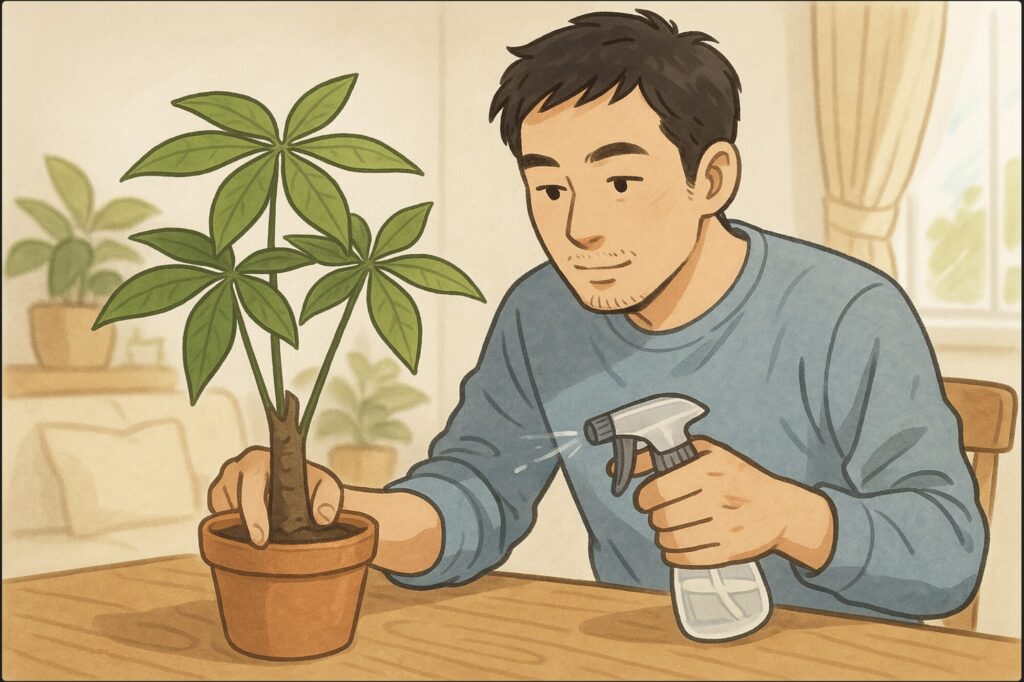 日本人男性が室内でパキラの鉢に霧吹きで水を与えながら、指で土の乾き具合を確認している。自然光が差し込む穏やかな空間、木製のテーブルの上で行われる丁寧な作業。