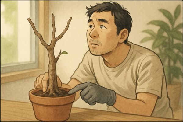 日本人男性がガジュマルの鉢の土を指で触って乾燥具合を確かめている。葉がない状態の幹を見上げながら、水やりを我慢している様子。柔らかい光が当たる室内。