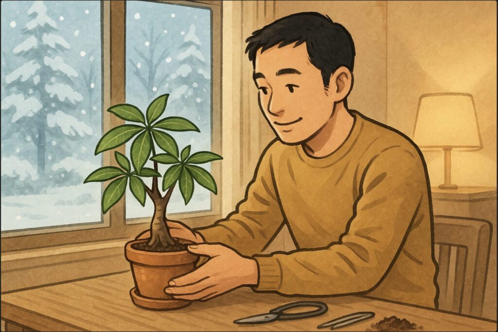 日本人男性が室内の窓際で、パキラの鉢を暖房の風が当たらない場所に移動させている。外は雪景色、室内は暖かい照明。植物を気遣う穏やかな表情。