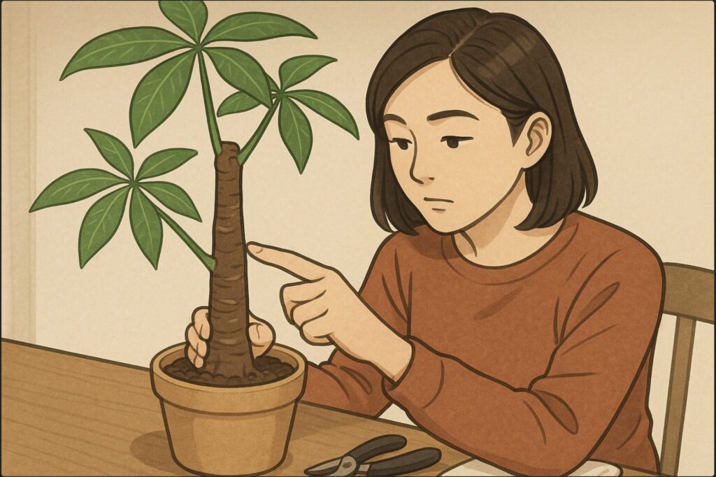 日本人女性がパキラの幹の節をよく観察し、指で「成長点」を示しながら切る位置を決めている。傍らに清潔な剪定バサミとタオルが置かれている。落ち着いた照明の室内。