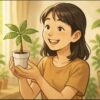 日本人女性が明るいリビングの窓際で、小さな100均パキラを嬉しそうに持ち上げて観察している。背景には柔らかい日差しと観葉植物がいくつか並んでおり、初心者の園芸シーンを感じさせる温かい雰囲気。