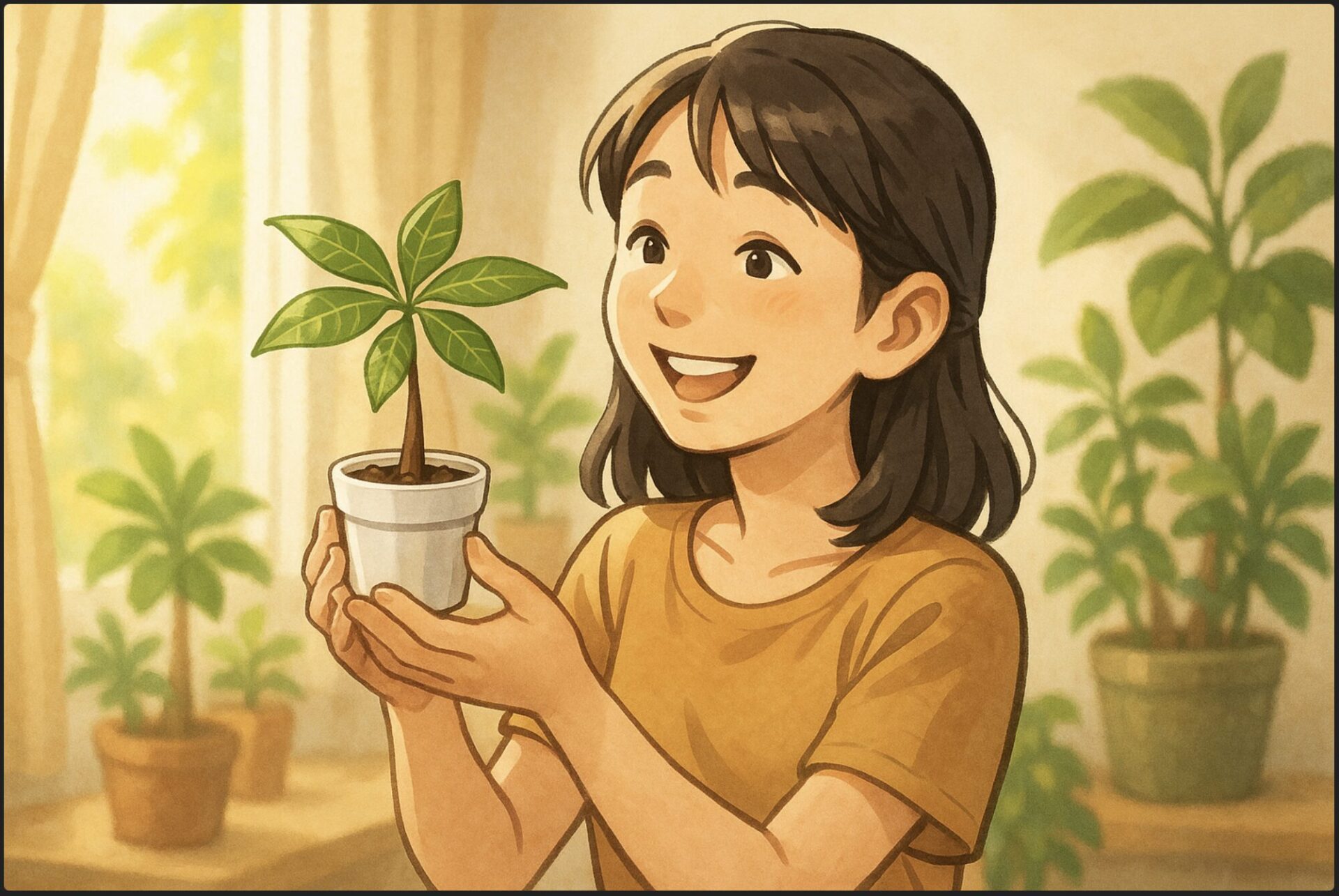 日本人女性が明るいリビングの窓際で、小さな100均パキラを嬉しそうに持ち上げて観察している。背景には柔らかい日差しと観葉植物がいくつか並んでおり、初心者の園芸シーンを感じさせる温かい雰囲気。