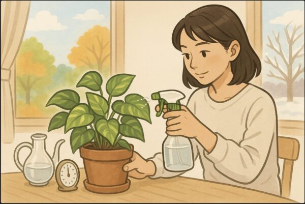 日本人女性が霧吹きでポトスの葉に優しく水をかけている。テーブルの上には水差しと温度計。窓の外に四季を感じる景色（春の光や冬の暖房などのイメージ）。