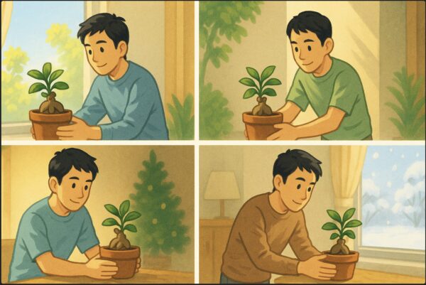 日本人男性が季節ごとに変化する屋内外の環境を意識しながら、春は窓辺、夏は半日陰、冬は室内中央へとガジュマルの鉢を移動させている。四季を感じる明るいイメージ構成。