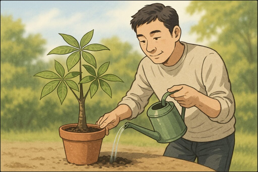 日本人男性がジョウロでパキラの鉢に丁寧に水を与えている。手前に乾いた土、奥には緑の庭。季節感を感じる柔らかい日差し。