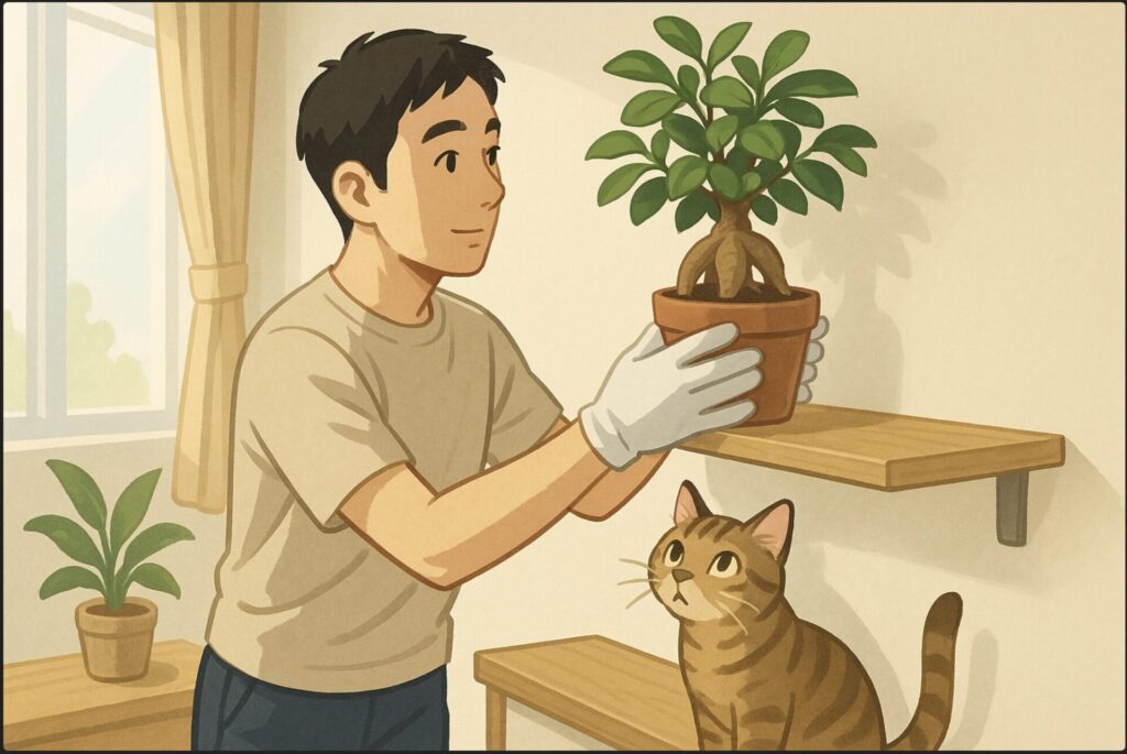 日本人男性が棚の上にガジュマルの鉢を設置している。足元には猫が見上げており、手にはゴム手袋。安全対策として高い位置に配置する動作がわかるシーン。明るい室内