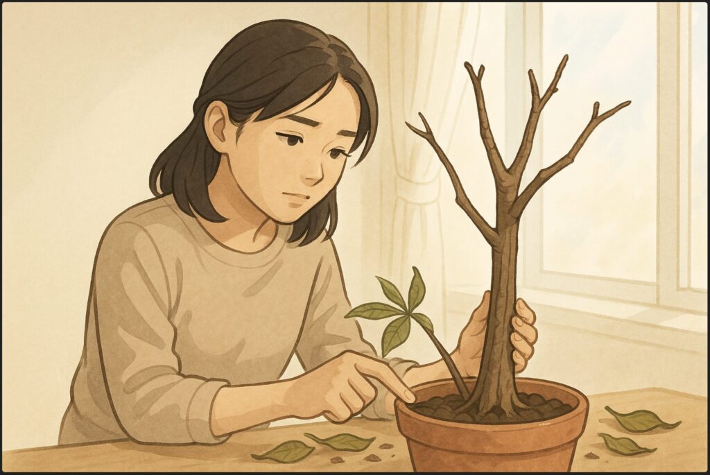 日本人女性がほとんど葉を落としたパキラの幹を手に取り、根元を指で押して状態を確認している。鉢の周囲には落ちた葉が散らばり、背景には明るい窓からの光。希望を感じる柔らかいトーン。