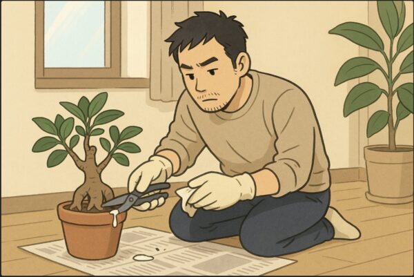 日本人男性が室内の床に新聞紙を広げ、ゴム手袋を着用してガジュマルの枝をカットしている。白い樹液が少し出ており、注意深く拭き取る動作。背景に窓と観葉植物。