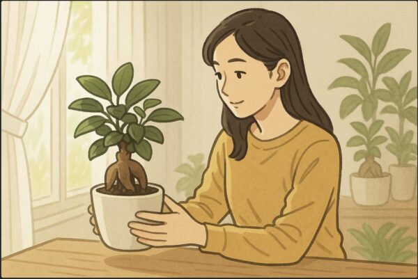 日本人女性が明るい窓際でガジュマルの鉢を両手で持ち、日差しの当たり具合を確認しながら置き場所を調整している。レースカーテン越しに柔らかな光が入り、観葉植物が並ぶ室内。