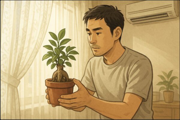 日本人男性が窓辺でガジュマルの鉢を持ち上げ、光の当たり具合を確認している。レースのカーテン越しに柔らかい日差しが差し込み、エアコンの風向きを避けるように配置している様子。