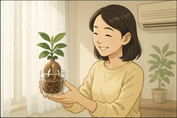 日本人女性がレースカーテン越しの柔らかい光が入る窓辺に、ガジュマルのハイドロカルチャーを置いている。エアコンの風が直接当たらない位置を確認しながら微笑んでいる。