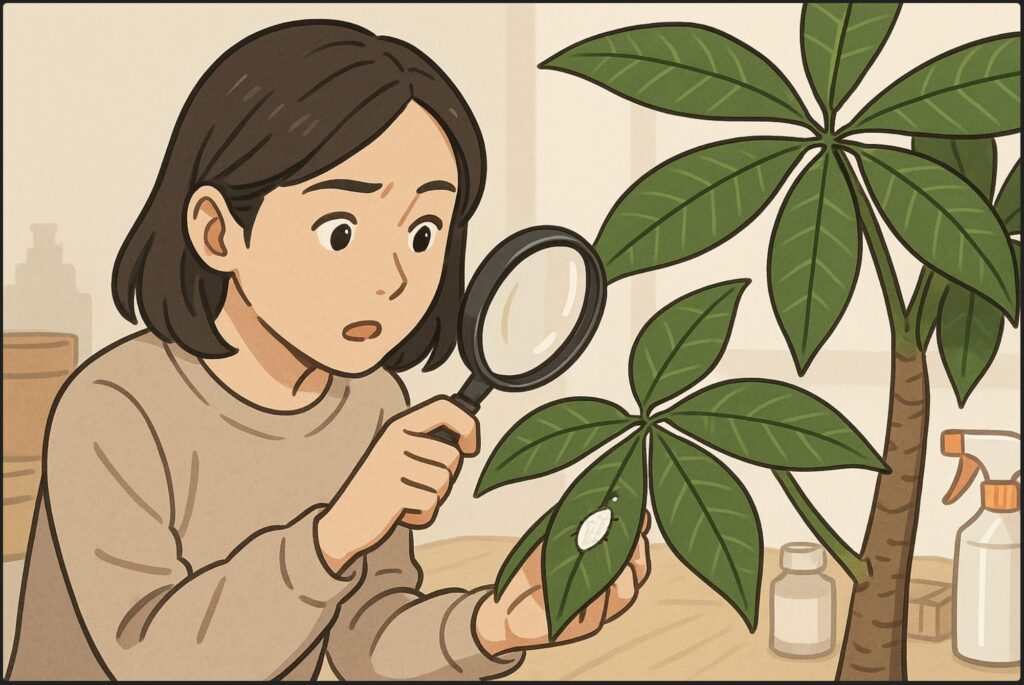 日本人女性が虫眼鏡でパキラの葉の裏を観察し、白いカイガラムシを見つけて対処しようとしている。背景に園芸用品やスプレーが見える。