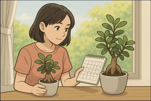 日本人女性がカレンダーを見ながら、テーブル上のガジュマルの鉢を手に取って成長具合を確認している。窓の外には新緑の5〜6月を感じさせる明るい風景。